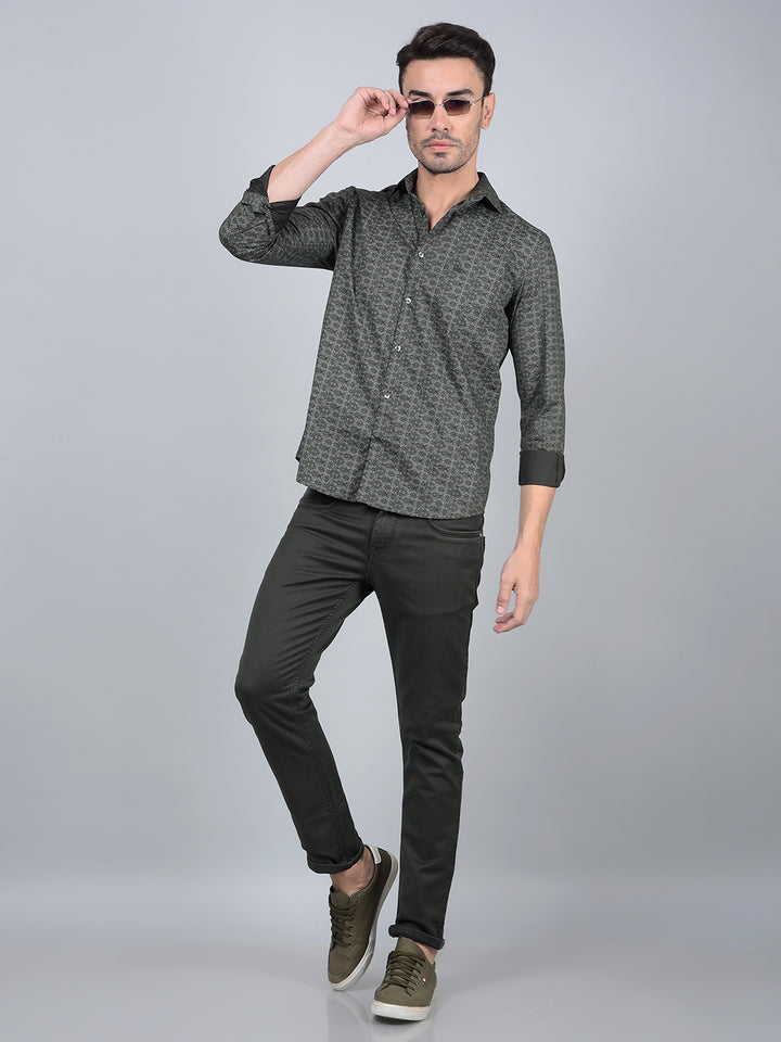 Green Printed Cotton Shirt-Men Shirts-Crimsoune Club