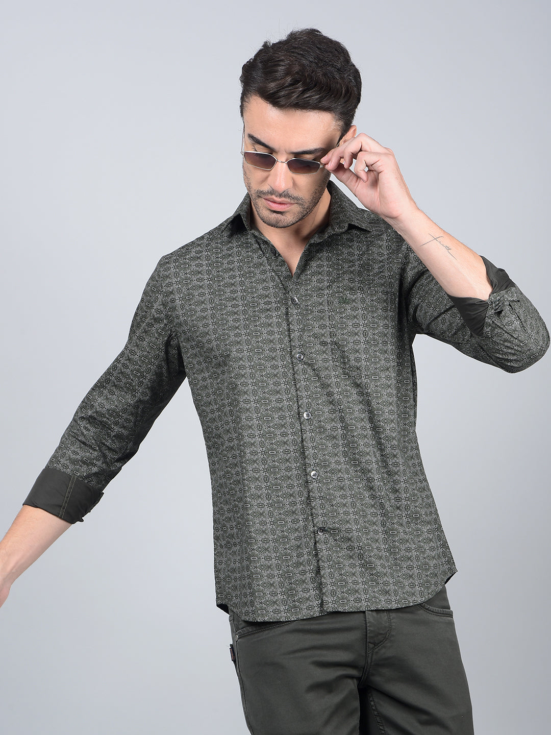 Green Printed Cotton Shirt-Men Shirts-Crimsoune Club