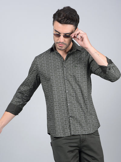 Green Printed Cotton Shirt-Men Shirts-Crimsoune Club