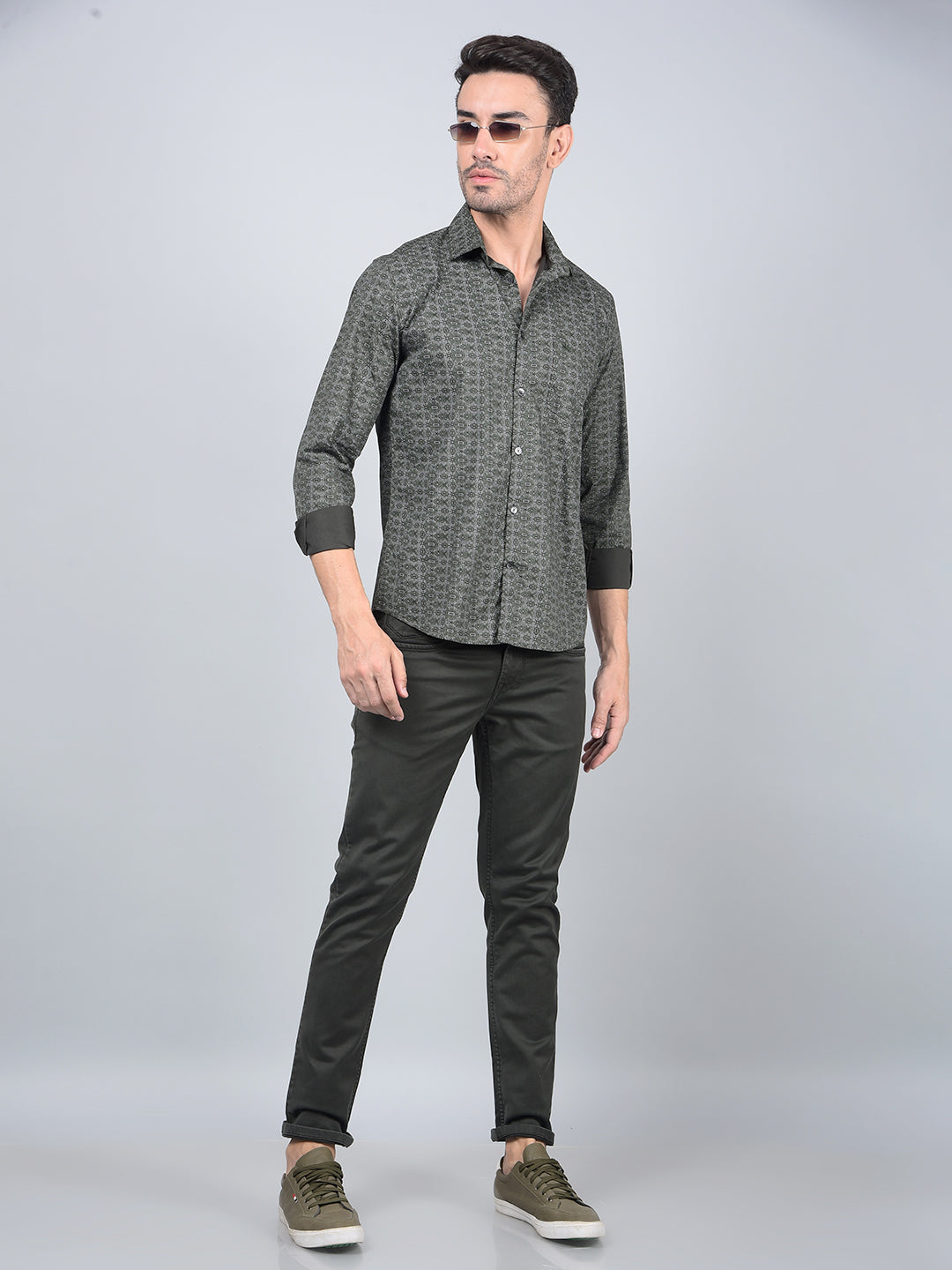 Green Printed Cotton Shirt-Men Shirts-Crimsoune Club