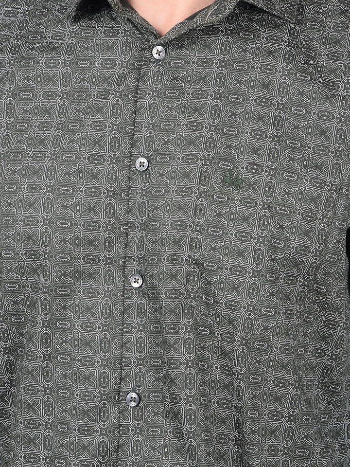 Green Printed Cotton Shirt-Men Shirts-Crimsoune Club