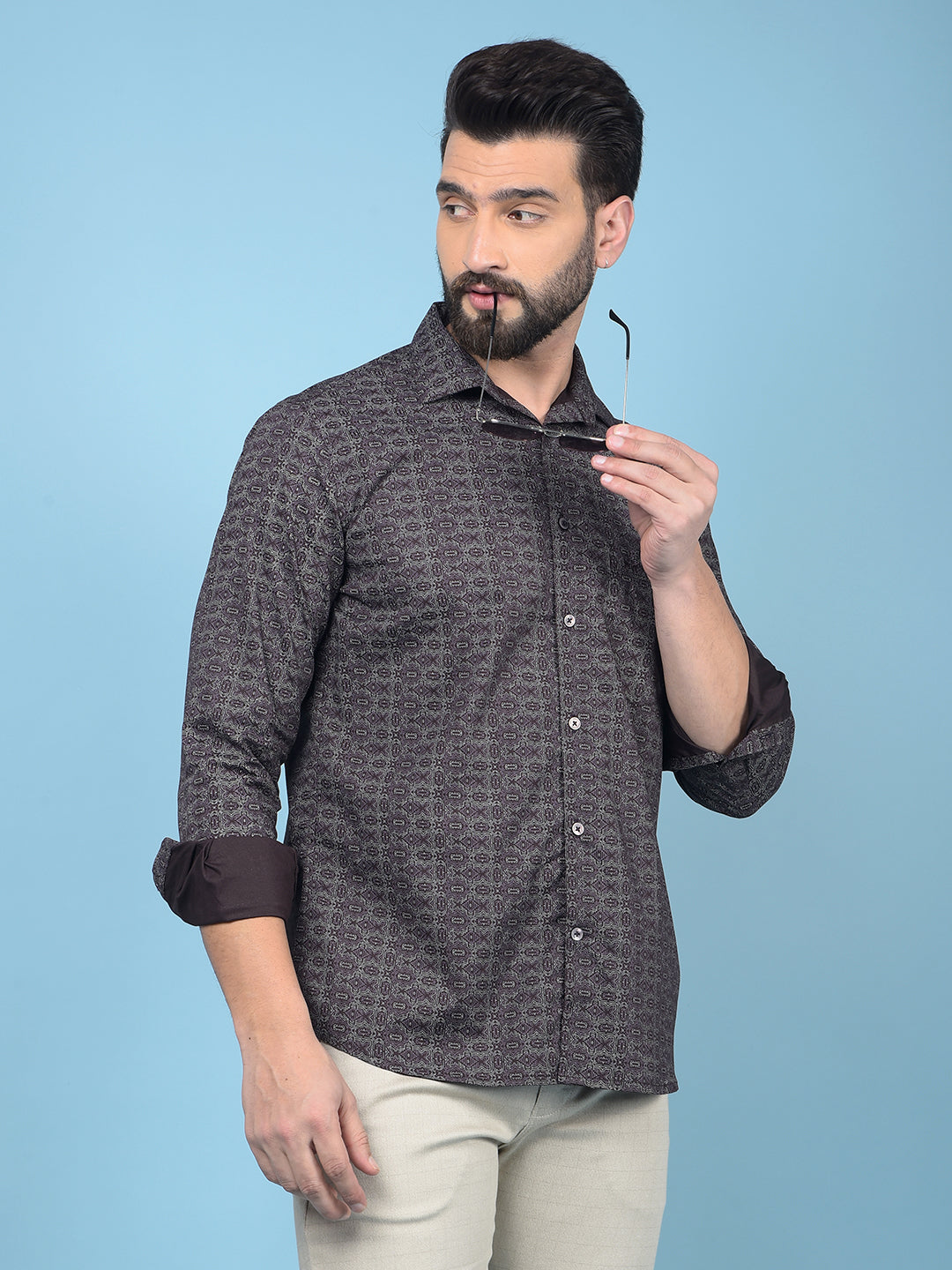 Wine Printed Cotton Shirt-Men Shirts-Crimsoune Club