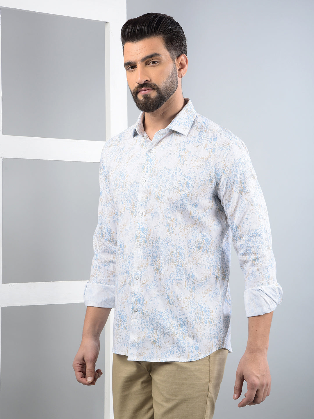 Blue Floral Print 100% Cotton Shirt-Men Shirts-Crimsoune Club
