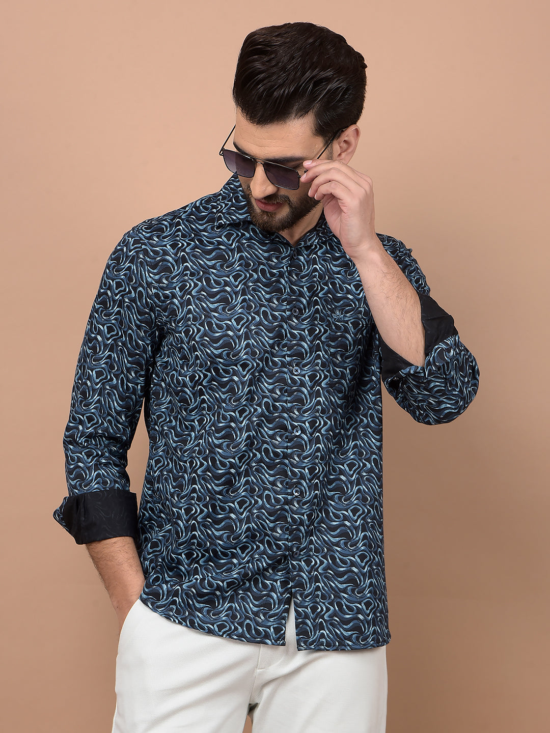 Navy Blue Printed Shirt-Men Shirts-Crimsoune Club