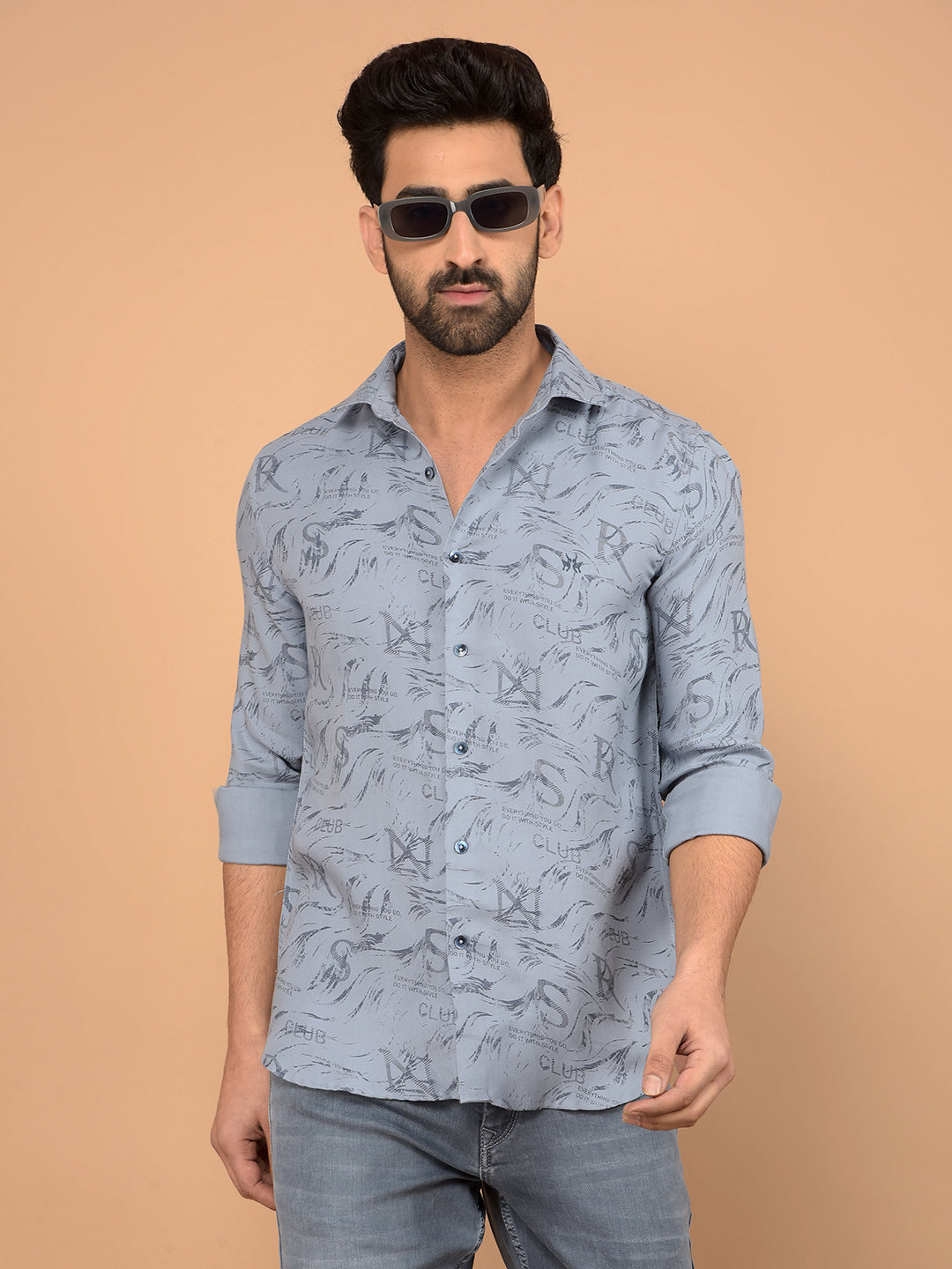 Blue Typographic Print Shirt-Men Shirts-Crimsoune Club