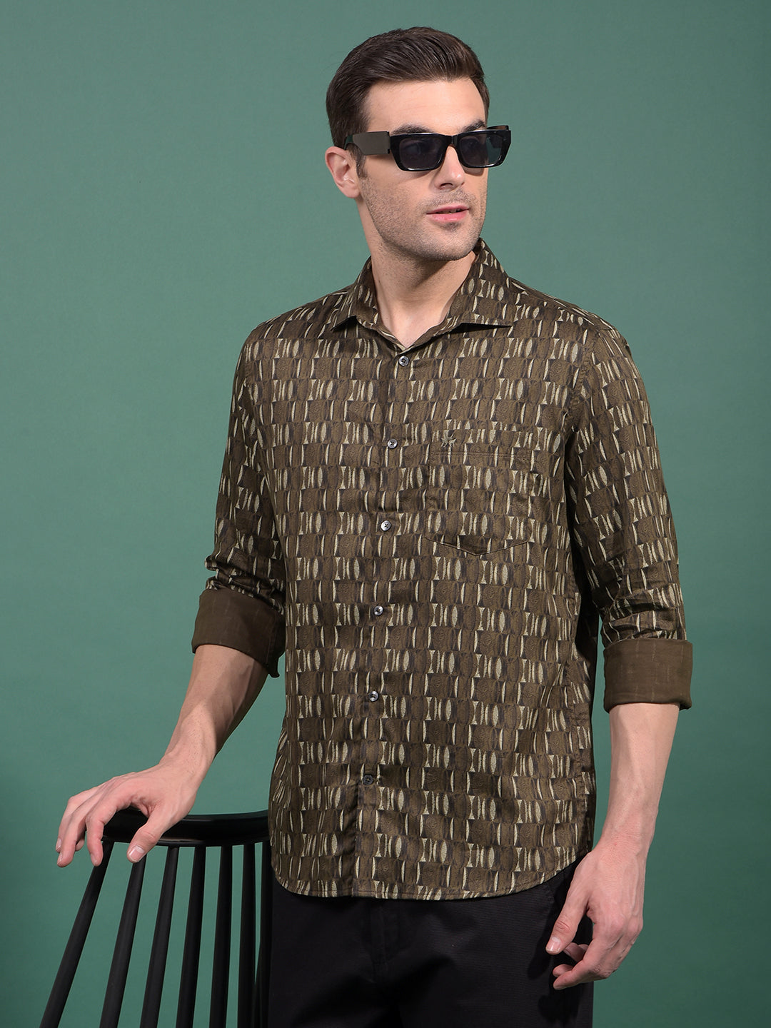 Olive Printed Shirt-Men Shirts-Crimsoune Club