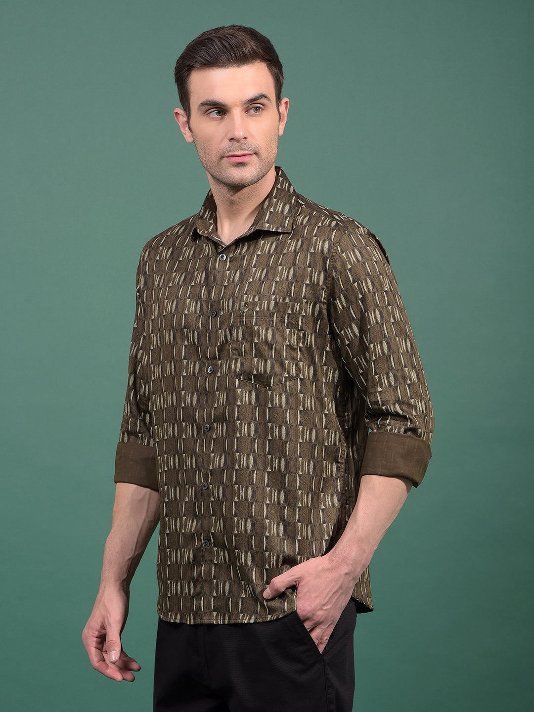Olive Printed Shirt-Men Shirts-Crimsoune Club