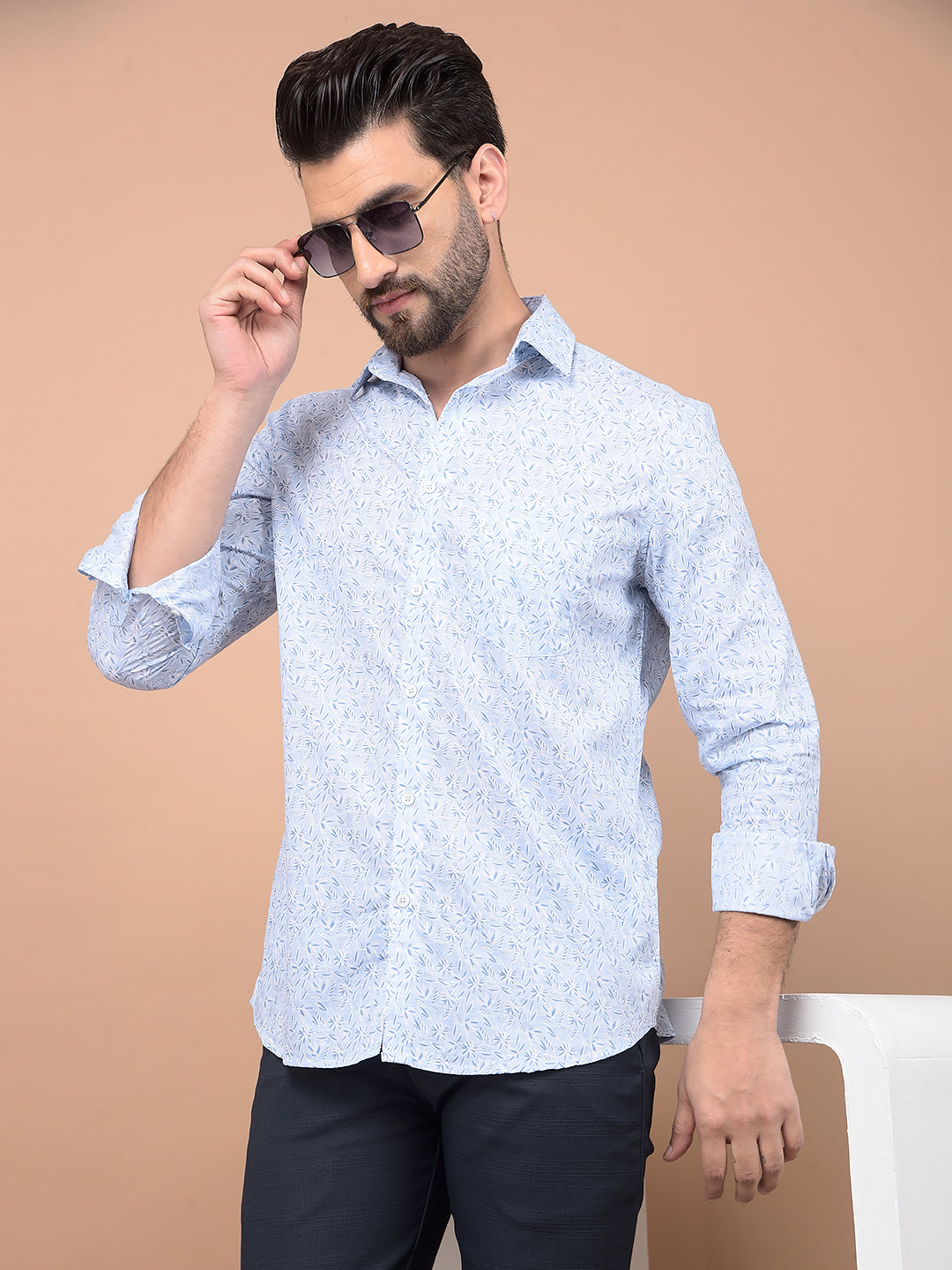Blue Floral Print 100% Cotton Shirt-Men Shirts-Crimsoune Club