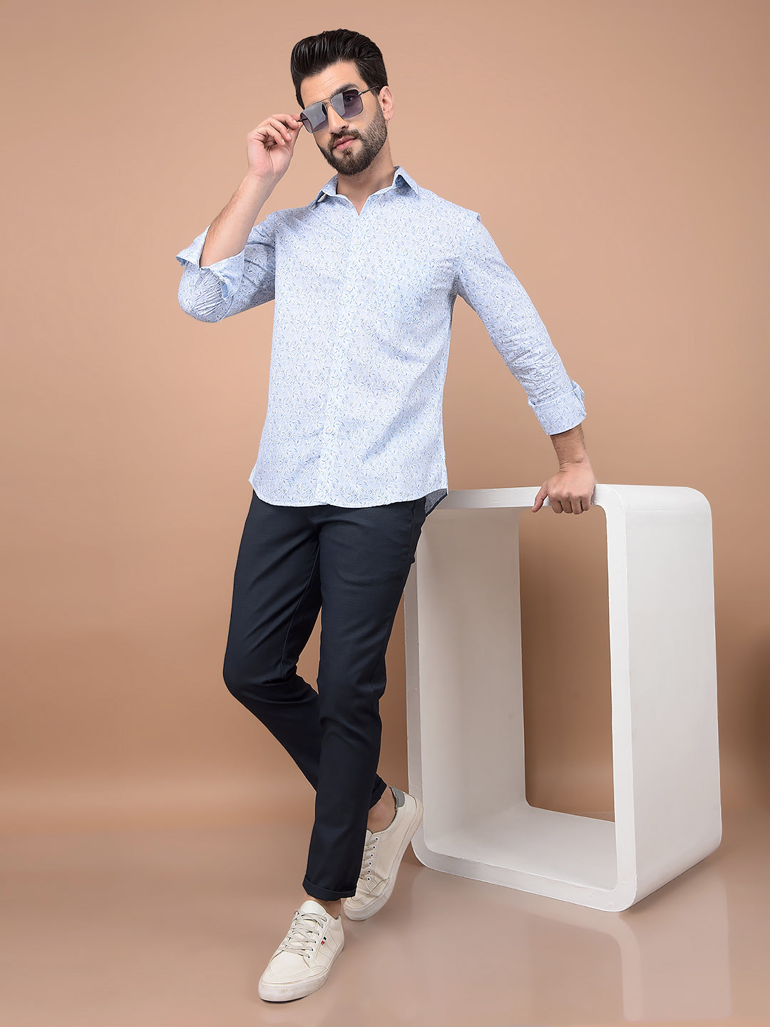 Blue Floral Print 100% Cotton Shirt-Men Shirts-Crimsoune Club