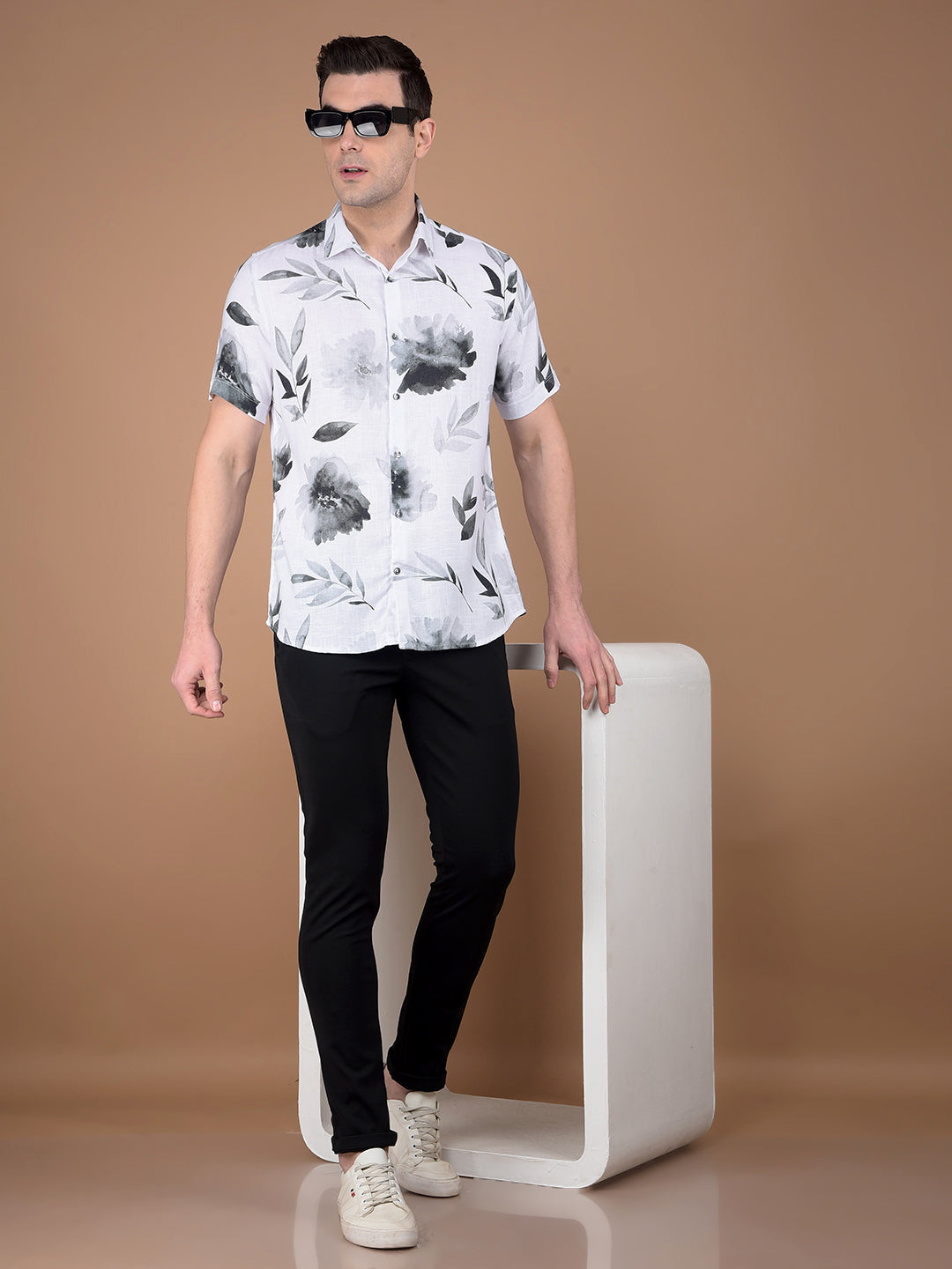 White Floral Print Linen Shirt-Men Shirts-Crimsoune Club