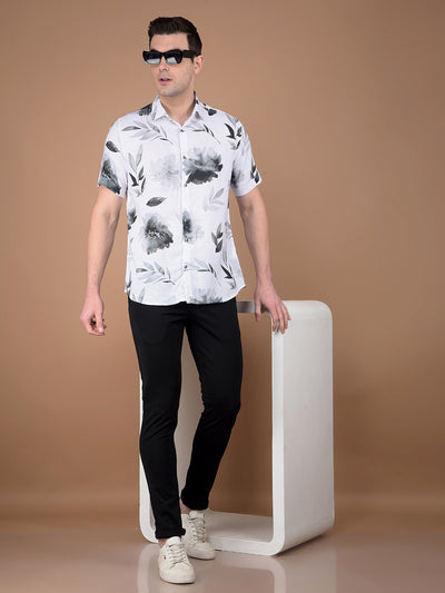 White Floral Print Linen Shirt-Men Shirts-Crimsoune Club