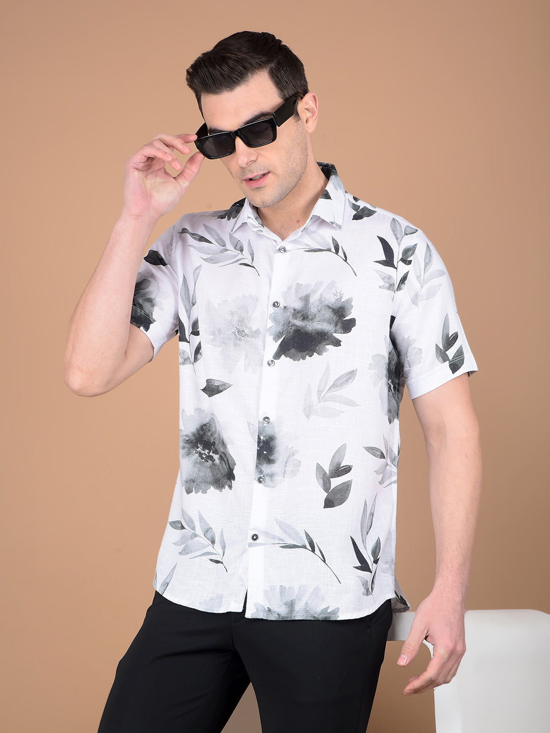 White Floral Print Linen Shirt-Men Shirts-Crimsoune Club