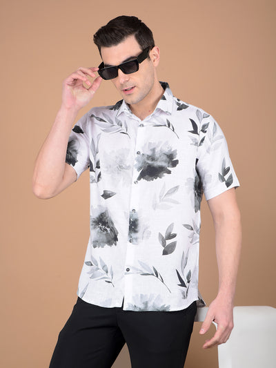 White Floral Print Linen Shirt-Men Shirts-Crimsoune Club