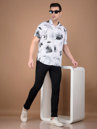 White Floral Print Linen Shirt-Men Shirts-Crimsoune Club