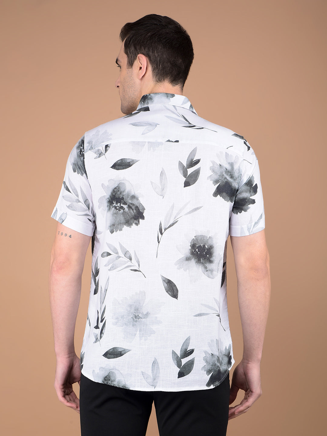 White Floral Print Linen Shirt-Men Shirts-Crimsoune Club