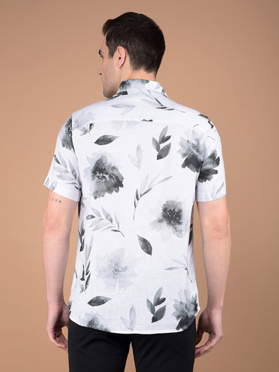 White Floral Print Linen Shirt-Men Shirts-Crimsoune Club