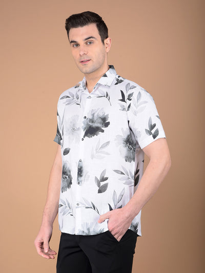 White Floral Print Linen Shirt-Men Shirts-Crimsoune Club