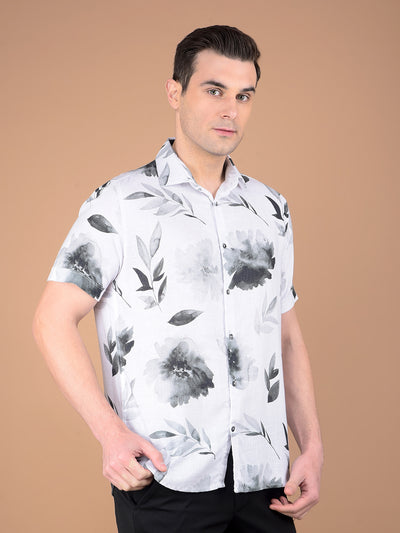 White Floral Print Linen Shirt-Men Shirts-Crimsoune Club