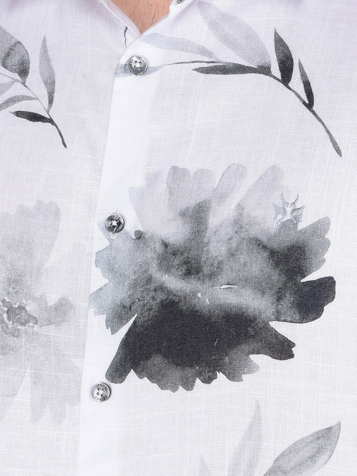 White Floral Print Linen Shirt-Men Shirts-Crimsoune Club