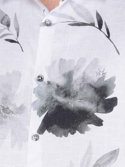 White Floral Print Linen Shirt-Men Shirts-Crimsoune Club