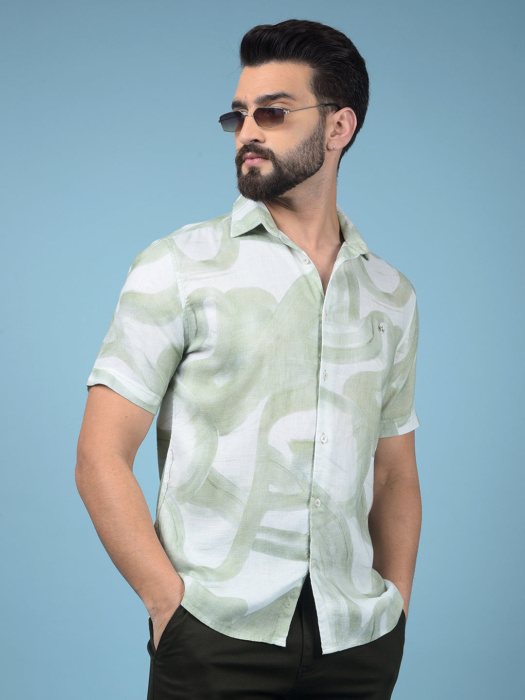 Green Printed Linen Shirt-Men Shirts-Crimsoune Club