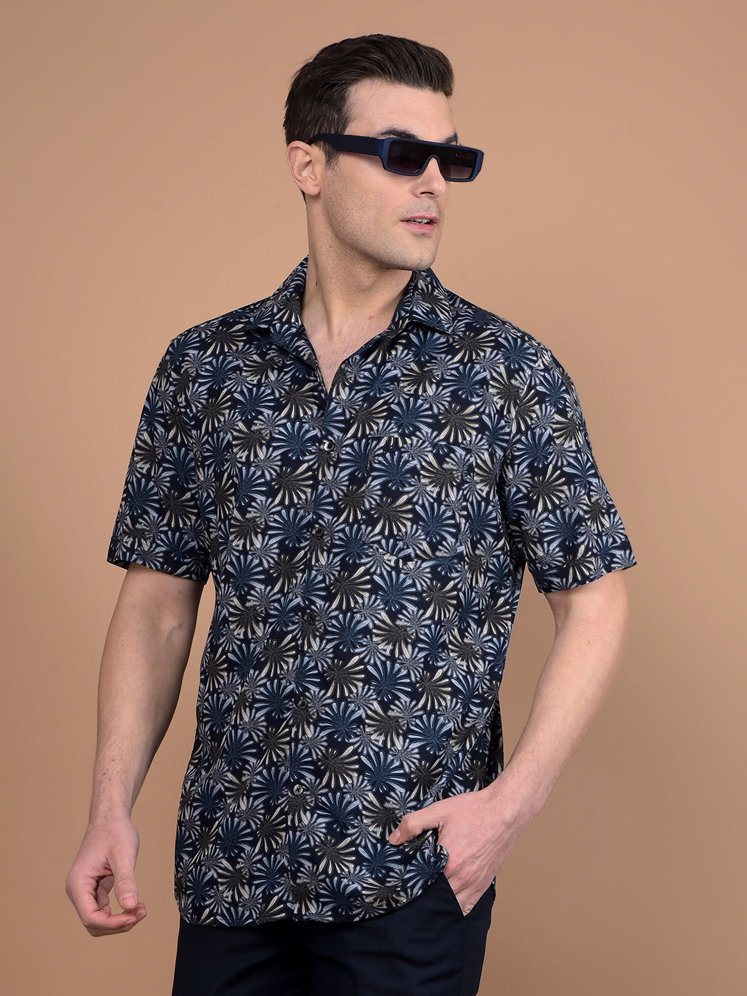 Navy Blue Floral Print Shirt-Men Shirts-Crimsoune Club