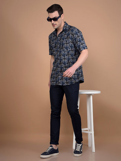Navy Blue Floral Print Shirt-Men Shirts-Crimsoune Club