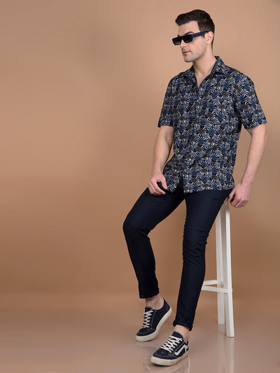 Navy Blue Floral Print Shirt-Men Shirts-Crimsoune Club