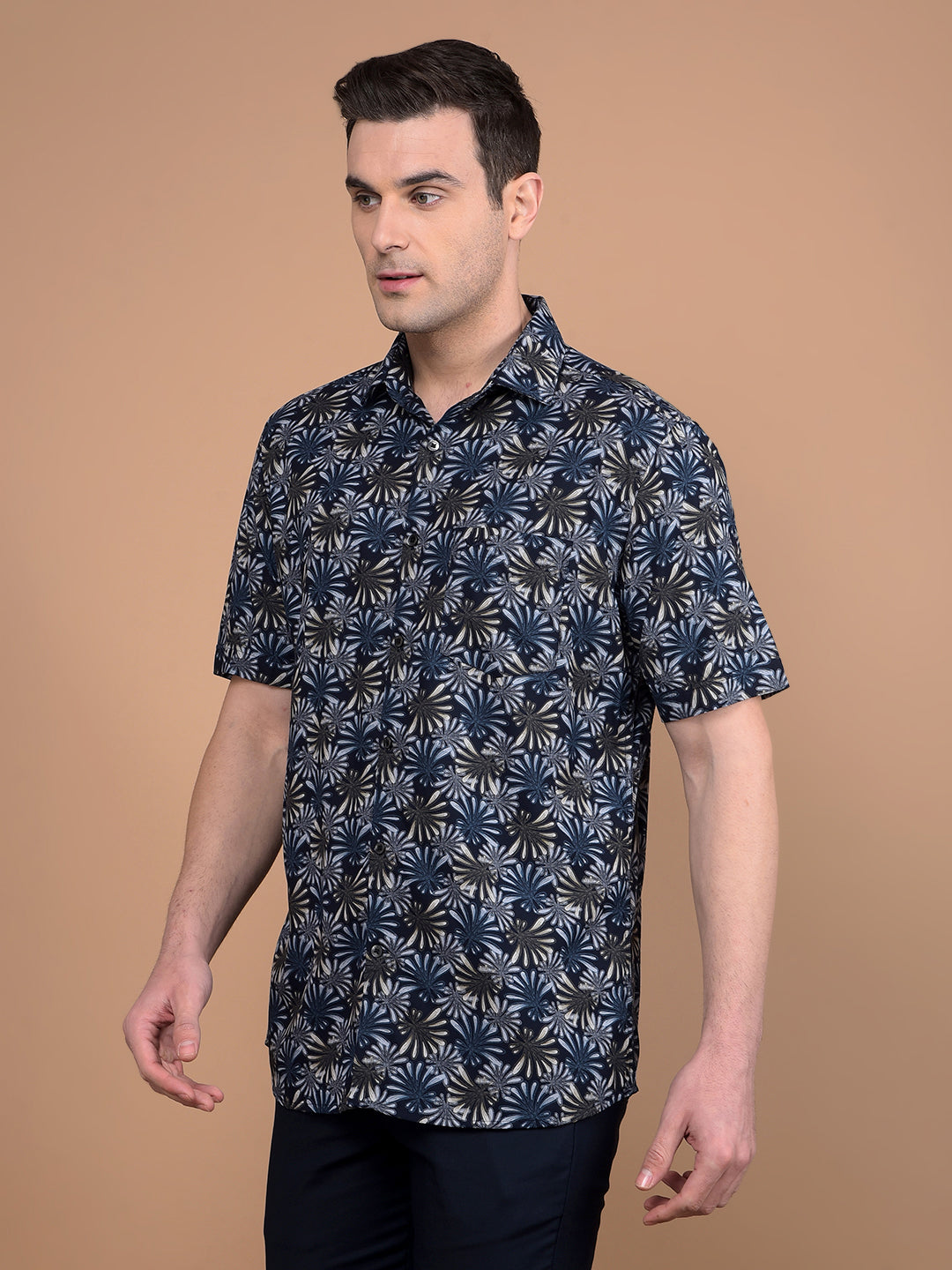 Navy Blue Floral Print Shirt-Men Shirts-Crimsoune Club