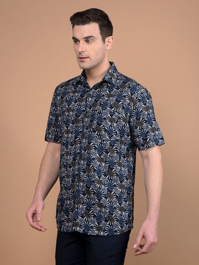 Navy Blue Floral Print Shirt-Men Shirts-Crimsoune Club