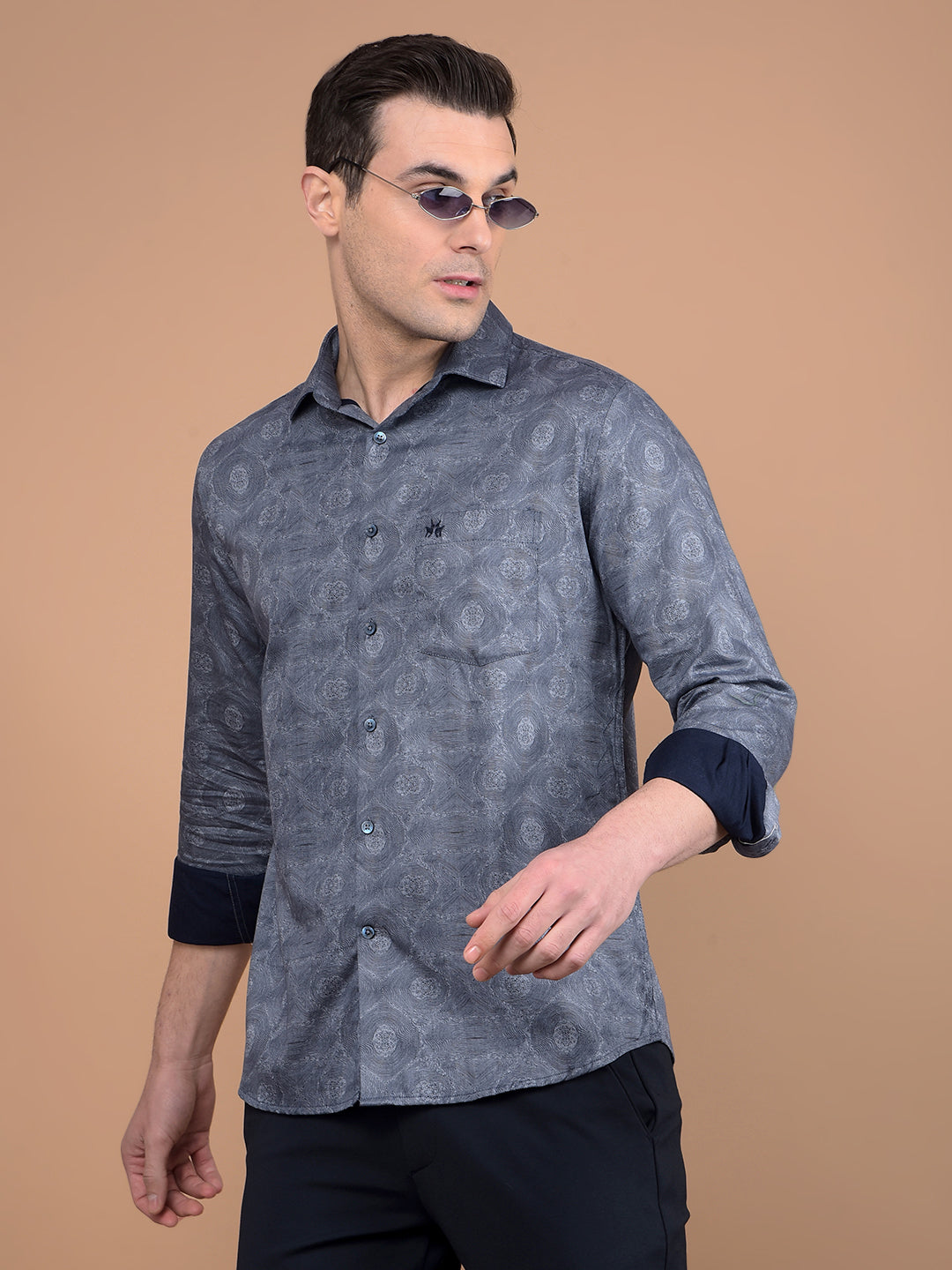 Navy Blue Printed Shirt-Men Shirts-Crimsoune Club