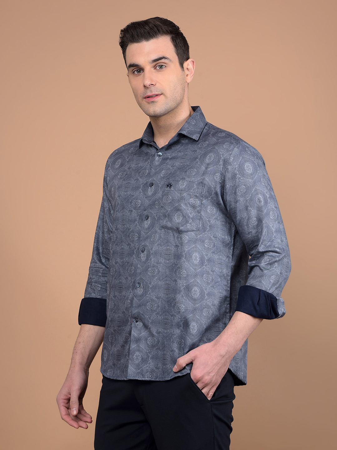 Navy Blue Printed Shirt-Men Shirts-Crimsoune Club