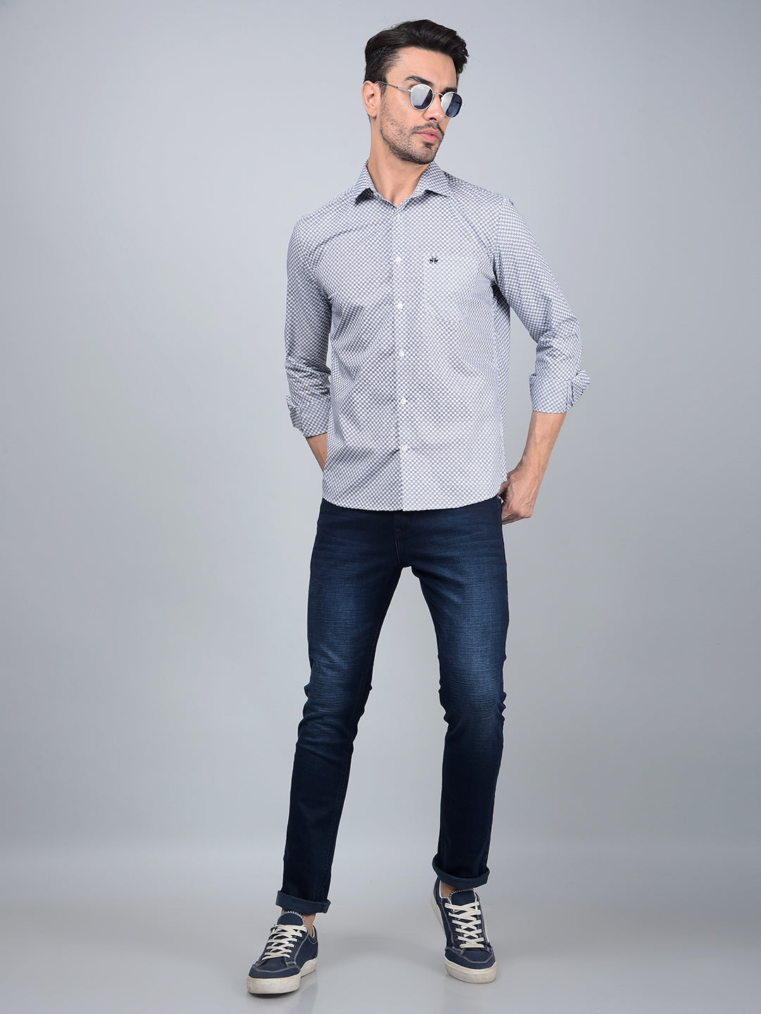 Blue Printed Cotton Shirt-Men Shirts-Crimsoune Club