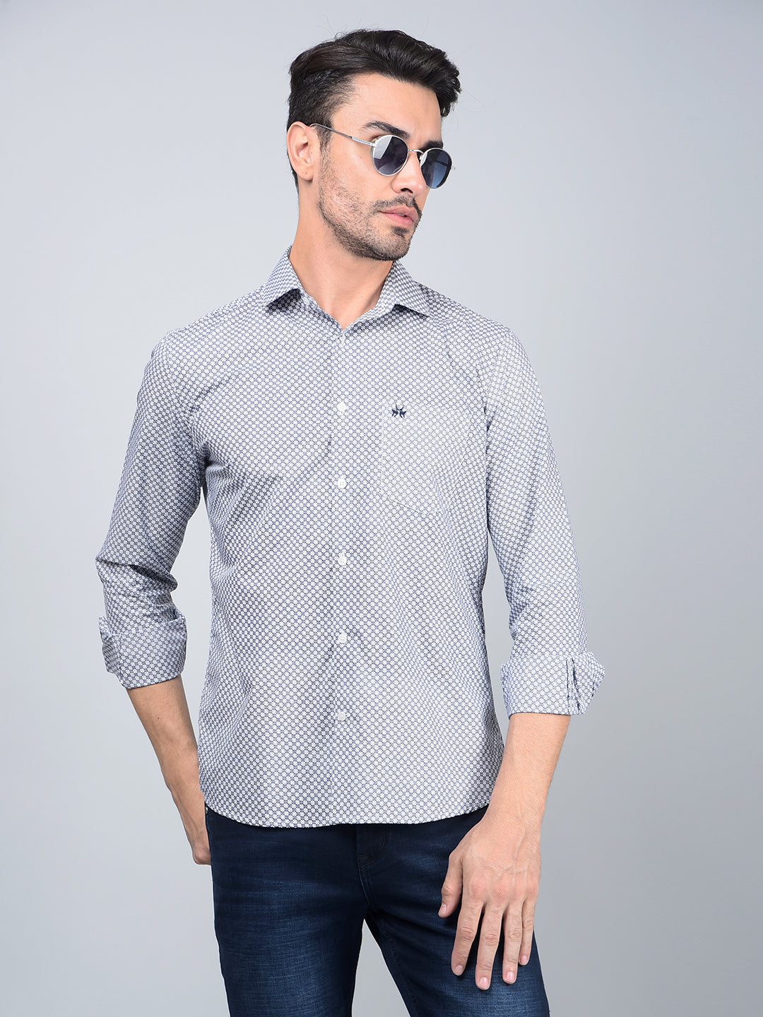 Blue Printed Cotton Shirt-Men Shirts-Crimsoune Club