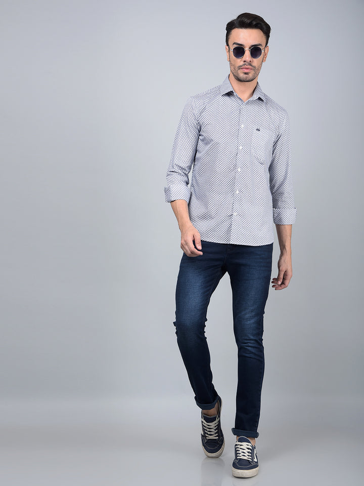 Blue Printed Cotton Shirt-Men Shirts-Crimsoune Club