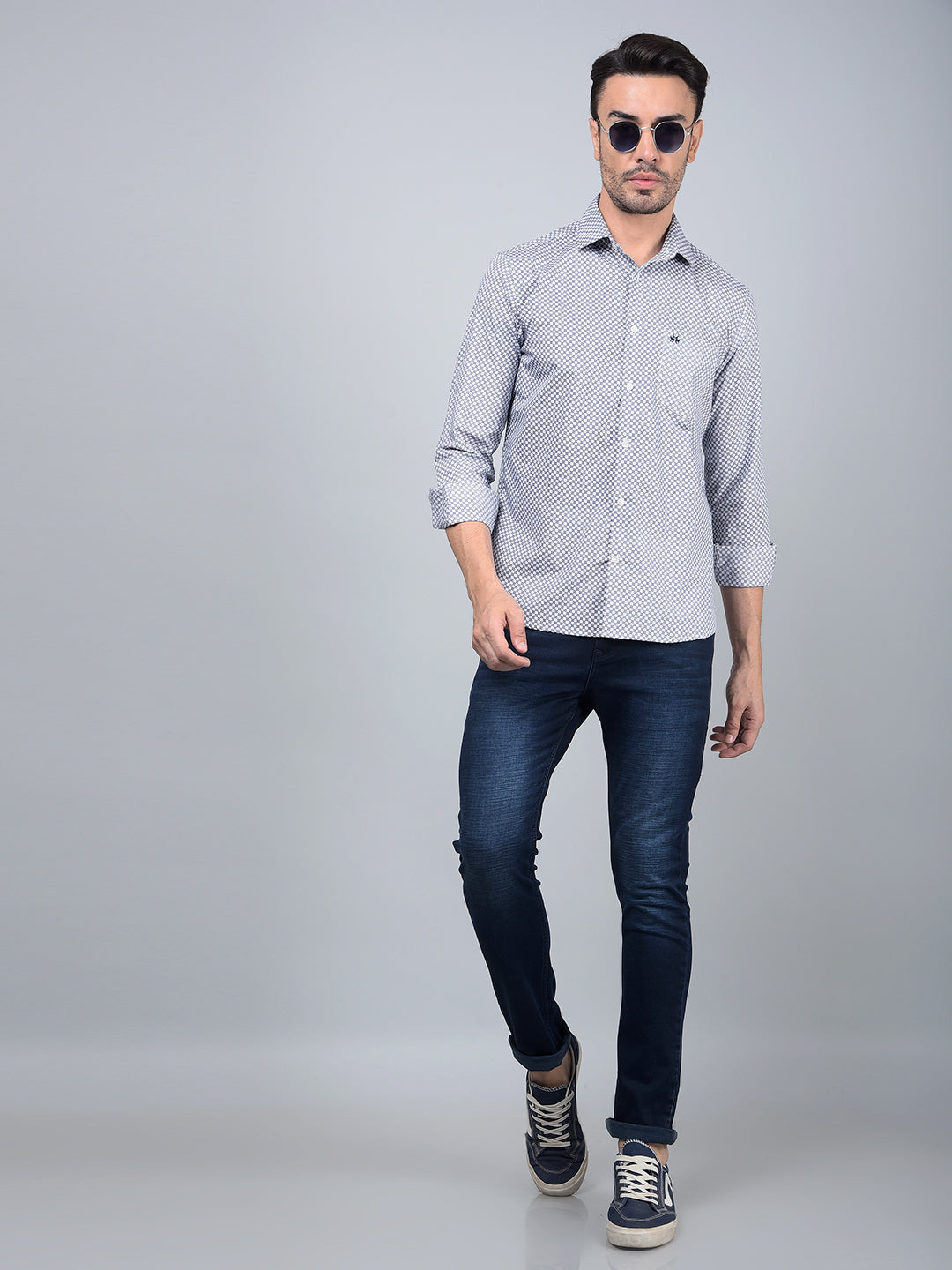 Blue Printed Cotton Shirt-Men Shirts-Crimsoune Club