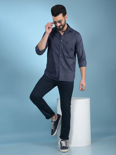 Navy Blue Printed Cotton Shirt-Men Shirts-Crimsoune Club