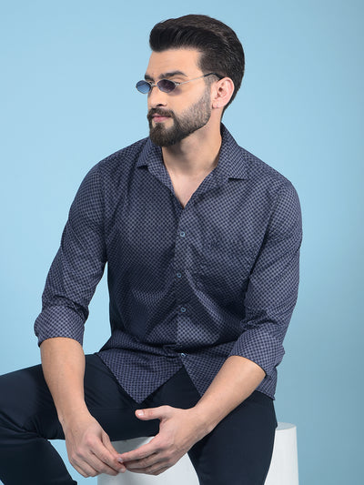 Navy Blue Printed Cotton Shirt-Men Shirts-Crimsoune Club