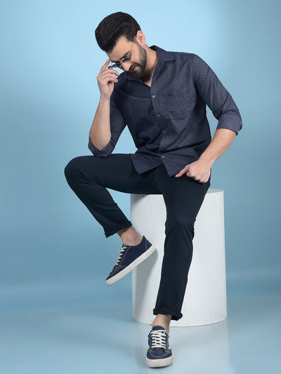 Navy Blue Printed Cotton Shirt-Men Shirts-Crimsoune Club