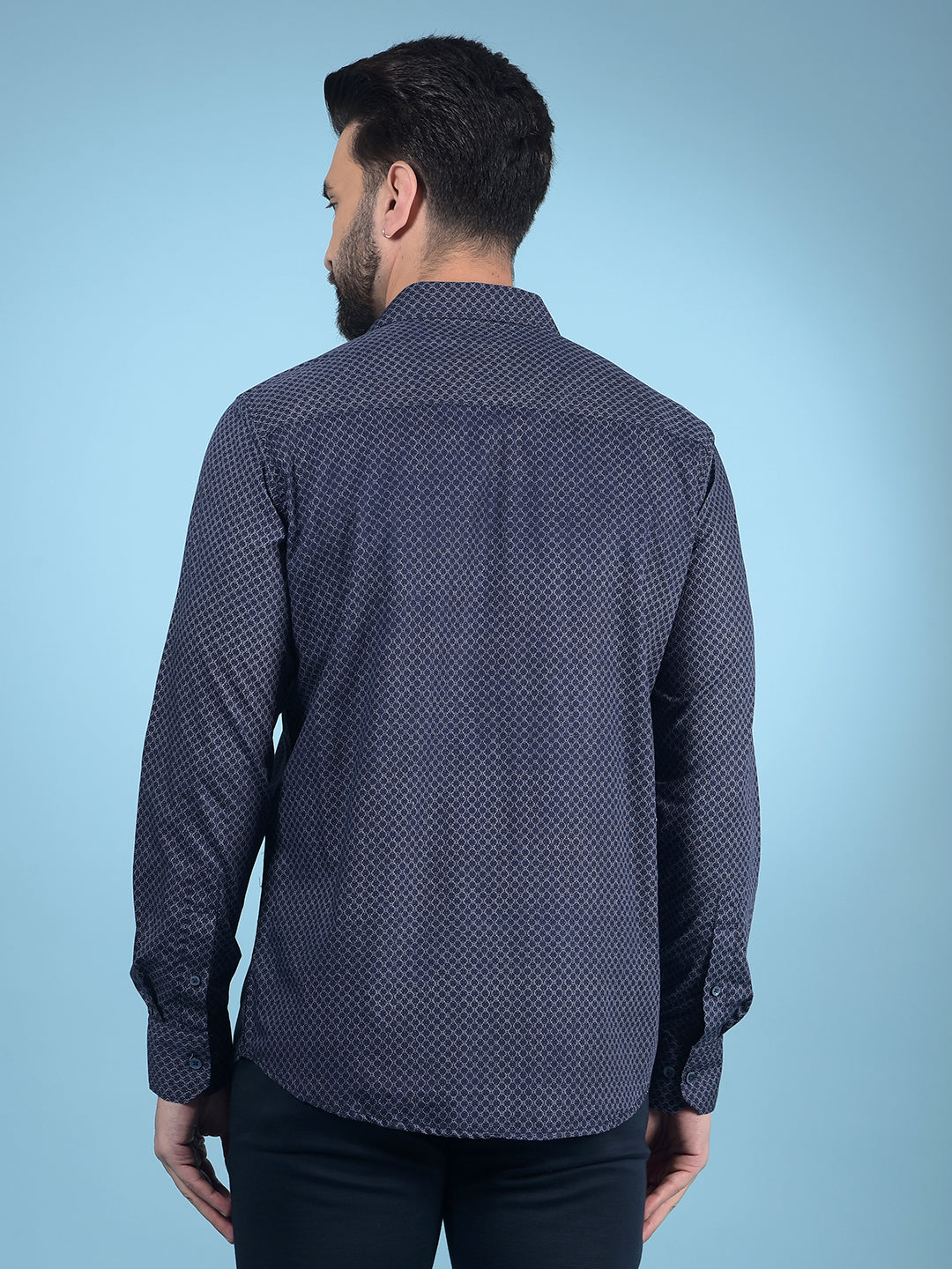 Navy Blue Printed Cotton Shirt-Men Shirts-Crimsoune Club