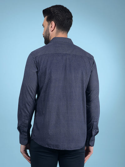Navy Blue Printed Cotton Shirt-Men Shirts-Crimsoune Club