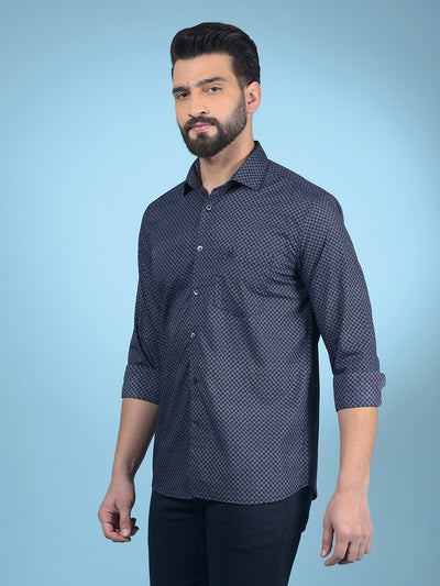 Navy Blue Printed Cotton Shirt-Men Shirts-Crimsoune Club