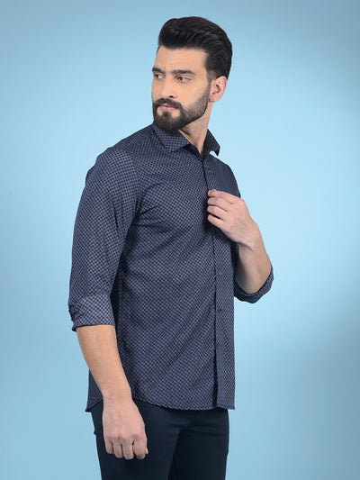 Navy Blue Printed Cotton Shirt-Men Shirts-Crimsoune Club