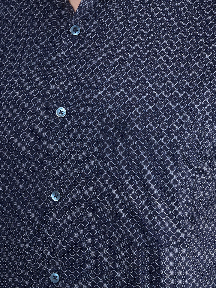 Navy Blue Printed Cotton Shirt-Men Shirts-Crimsoune Club