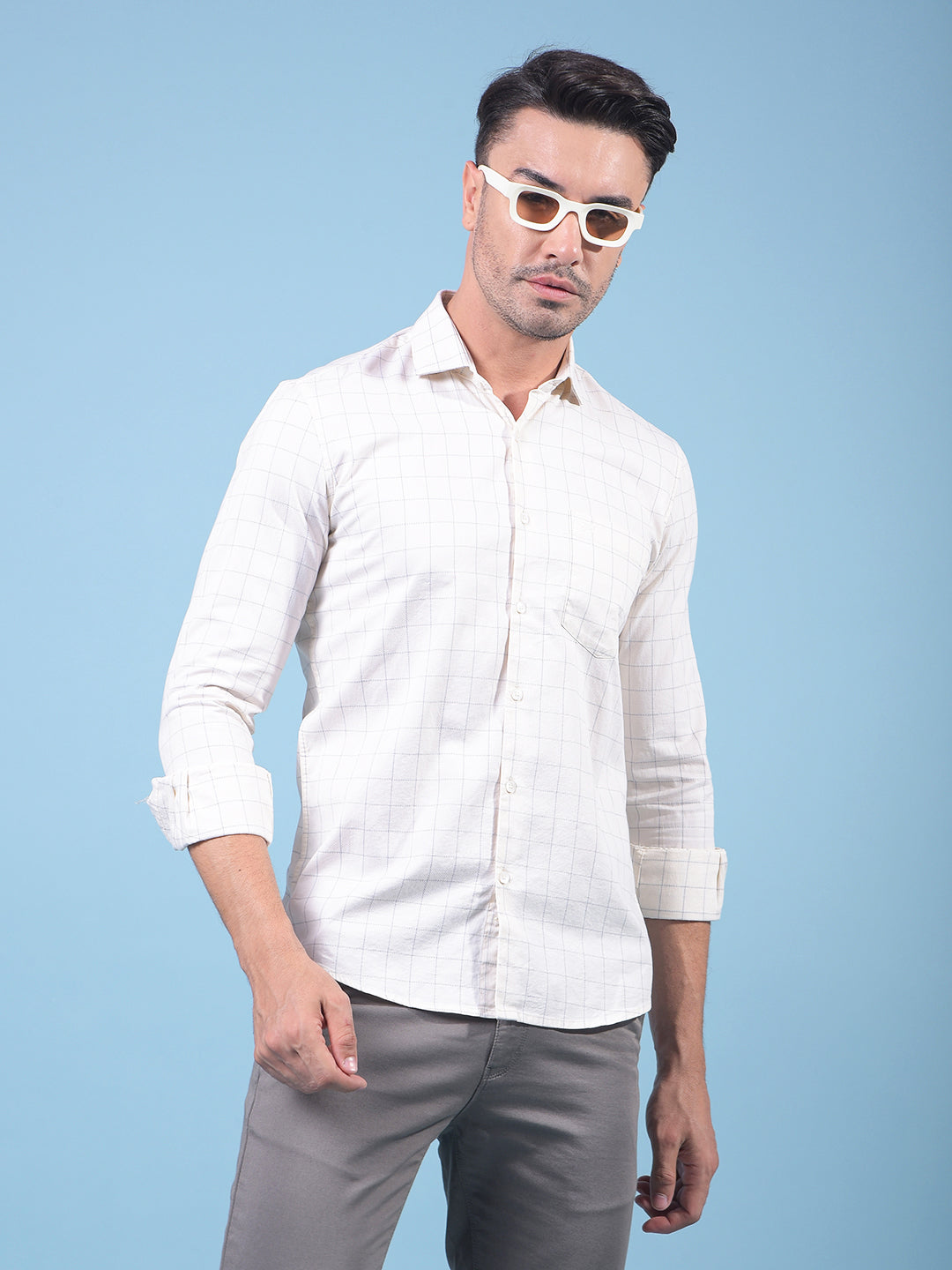 Cream Checked 100% Cotton Shirt-Men Shirts-Crimsoune Club
