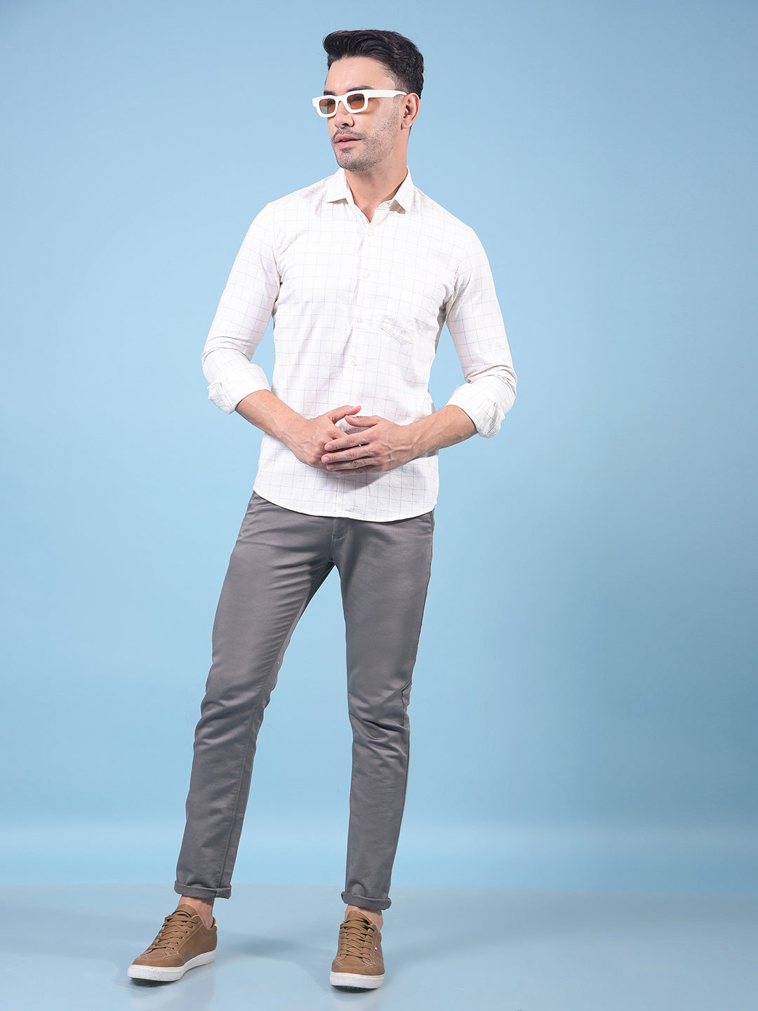 Cream Checked 100% Cotton Shirt-Men Shirts-Crimsoune Club