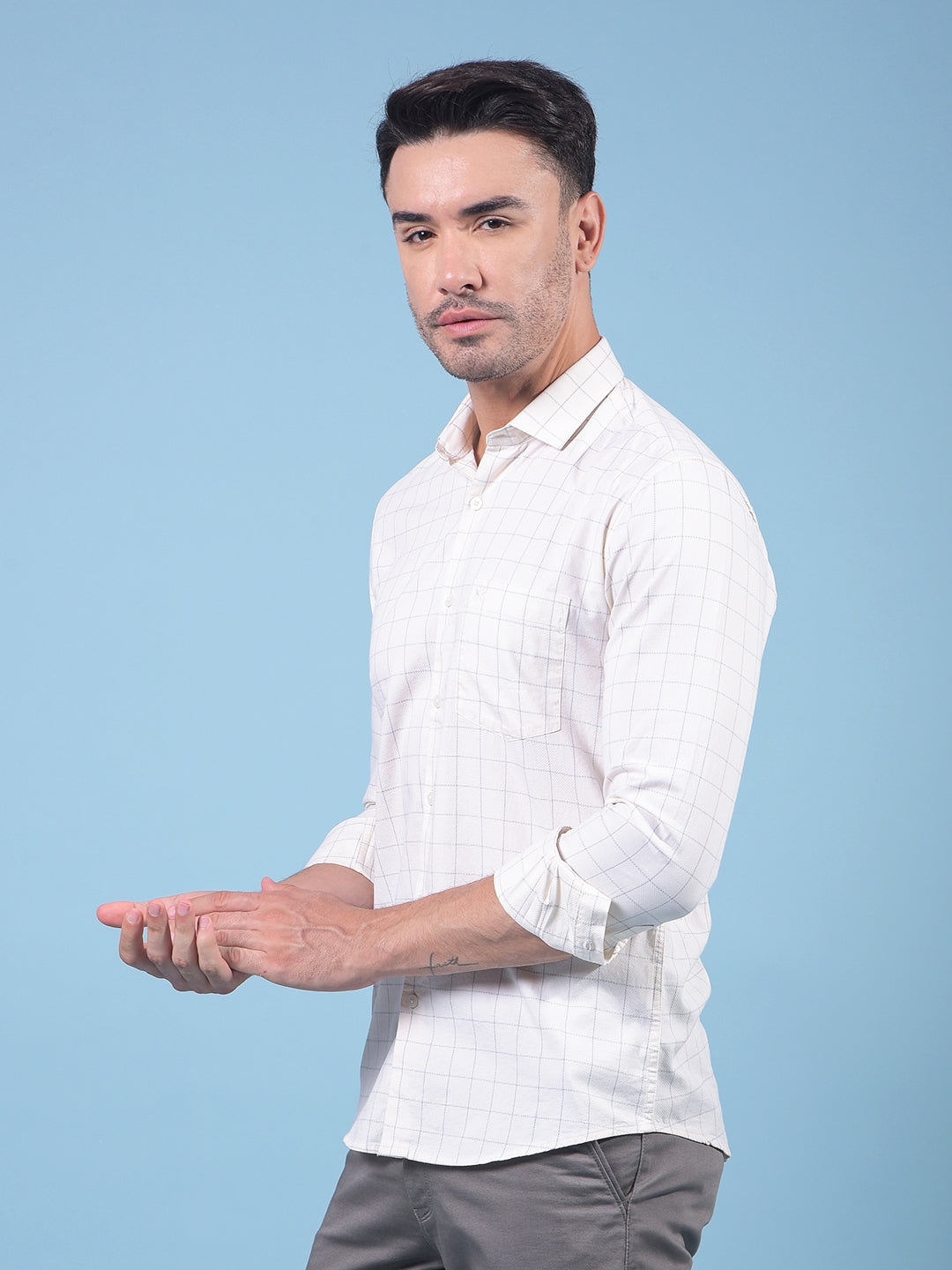Cream Checked 100% Cotton Shirt-Men Shirts-Crimsoune Club