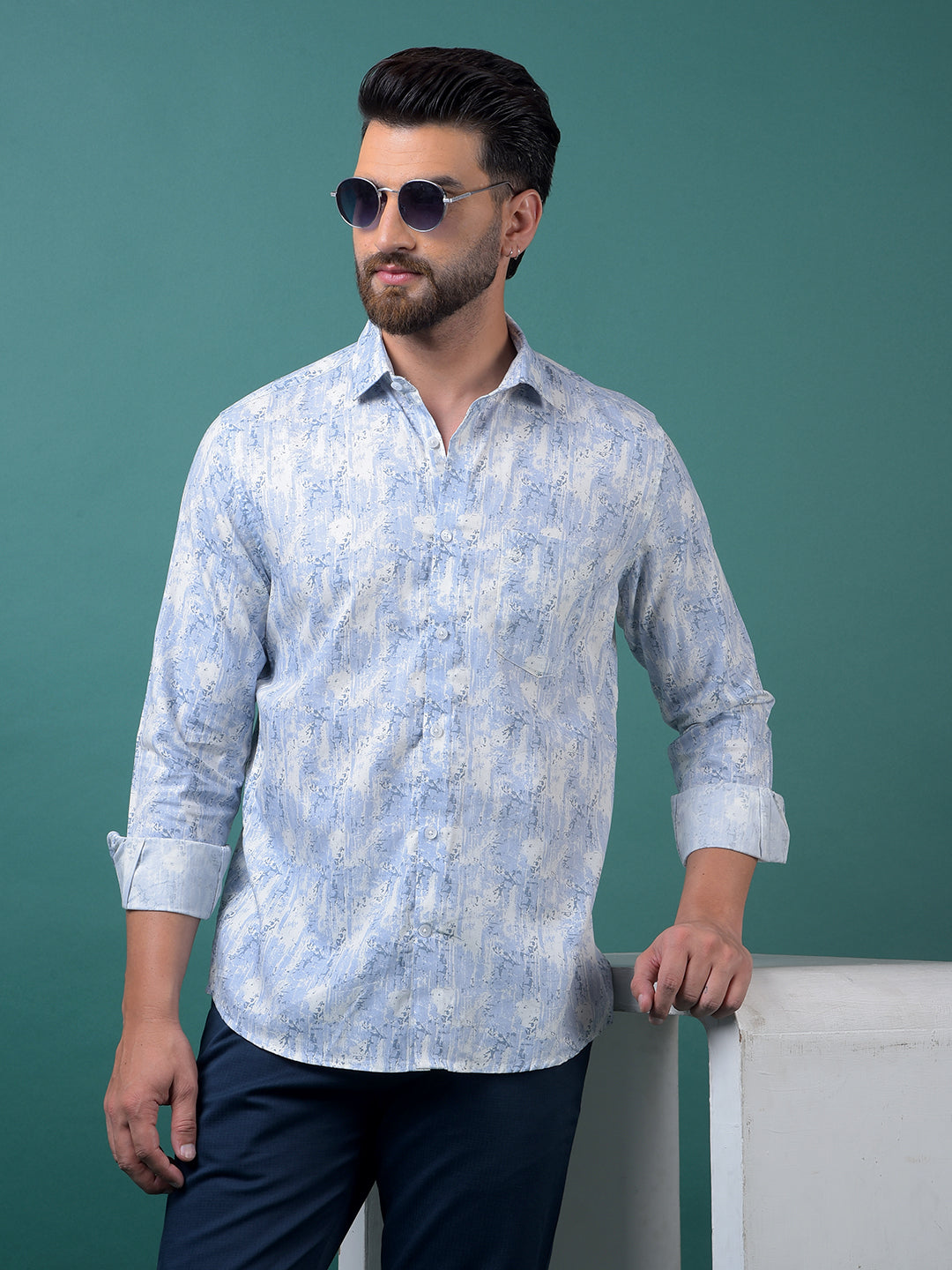 Blue Printed Modal Shirt-Men Shirts-Crimsoune Club