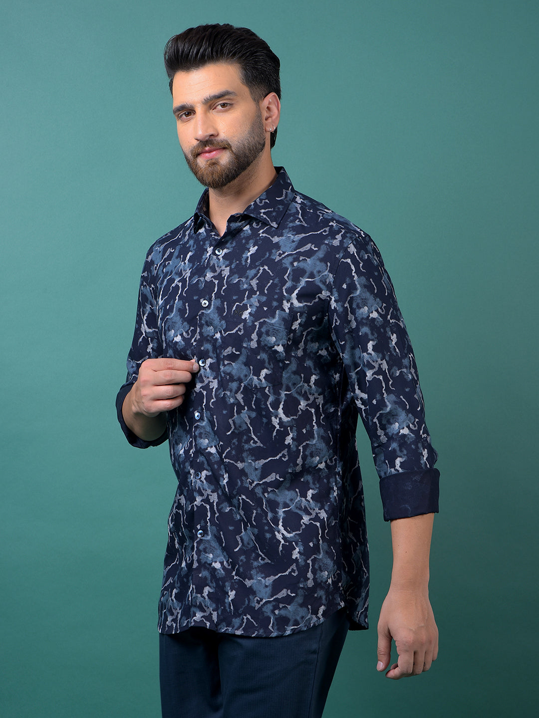 Navy Blue Printed Shirt-Men Shirts-Crimsoune Club