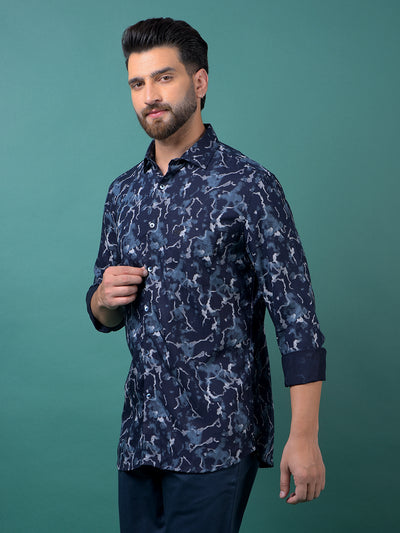 Navy Blue Printed Shirt-Men Shirts-Crimsoune Club
